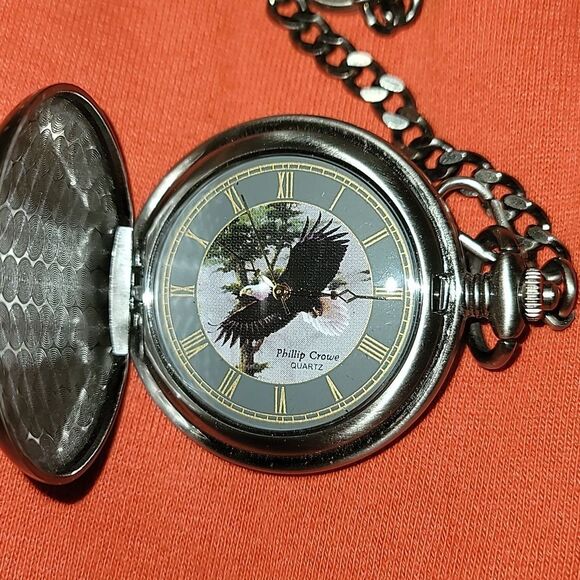 Phillip Crowe Eagle in Flight‎ Pocket Watch Majesti Watch Co. Quartz Silvertone - Picture 5 of 11